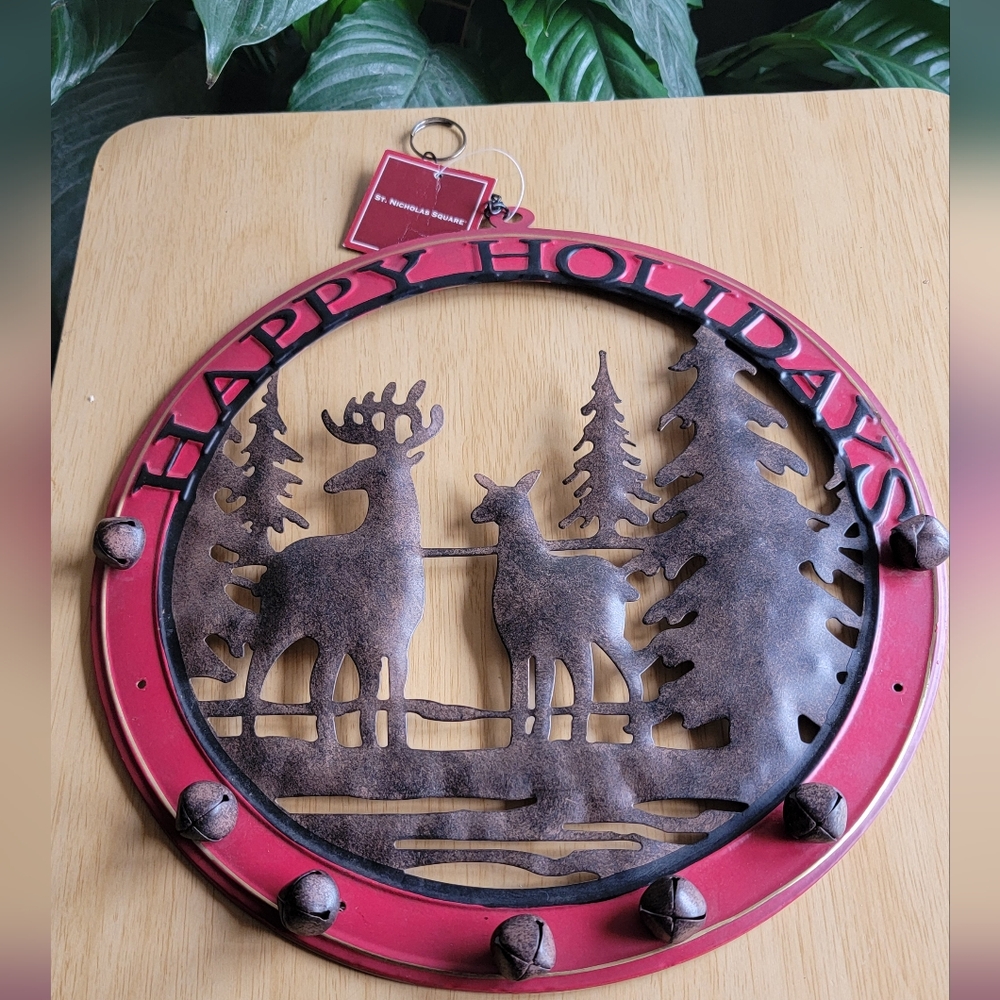 St. Nicholas Square Red and Brown Deer Metal Holiday Wreath With Bells. - Picture 1 of 10